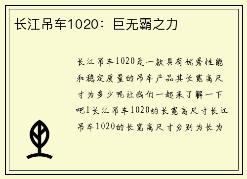 长江吊车1020：巨无霸之力